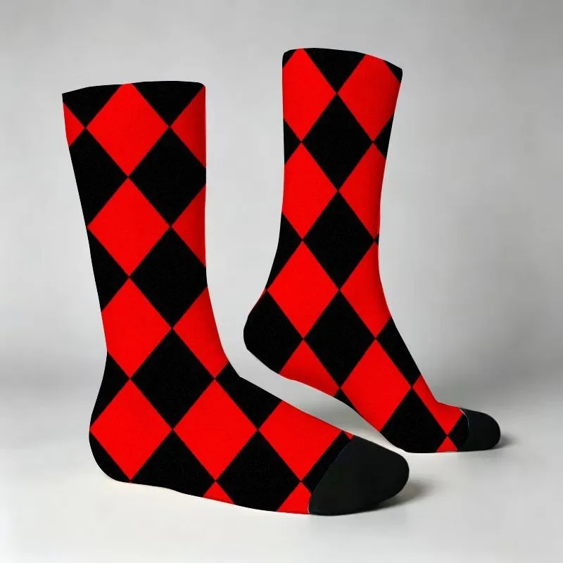 Bold Diamond Print Crew Socks Red Black Geometric Pattern Soft Breathable Casual Socks for Daily Wear