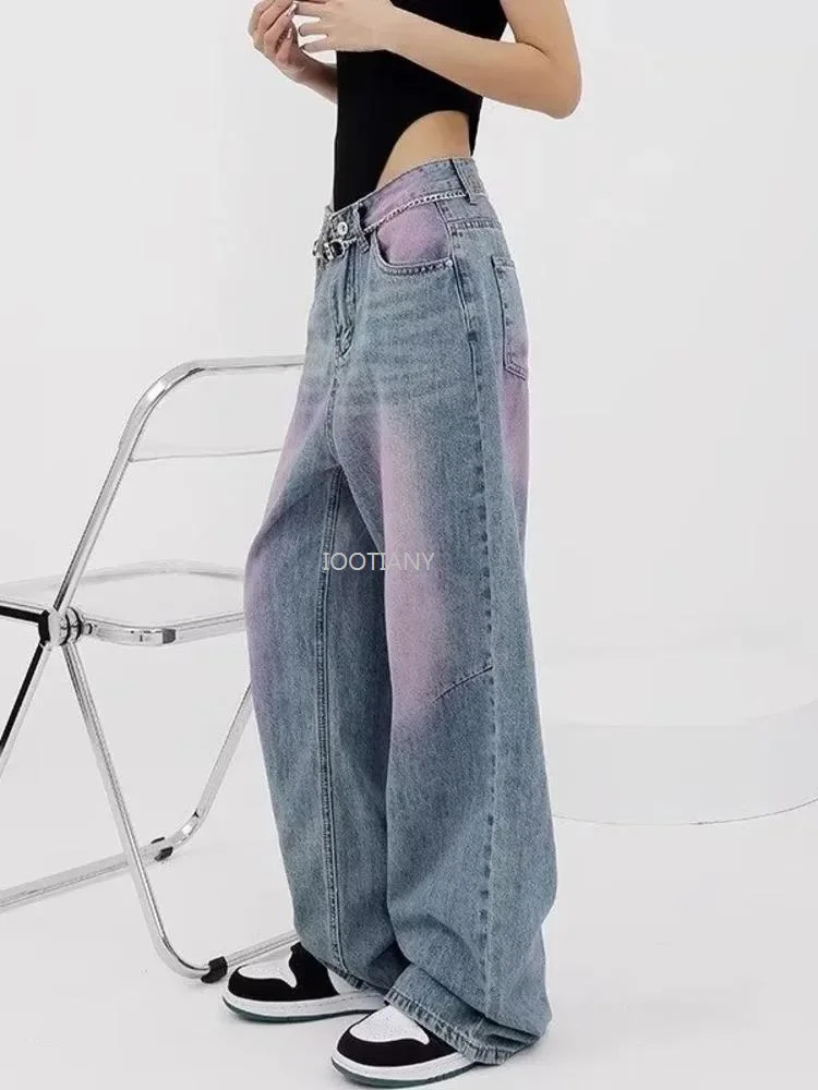 Summer New High Waist Spray Dyed Graffiti Straight Tube Wide Leg Women's Pants High Street Vintage Jeans Casual Contrast Trouser
