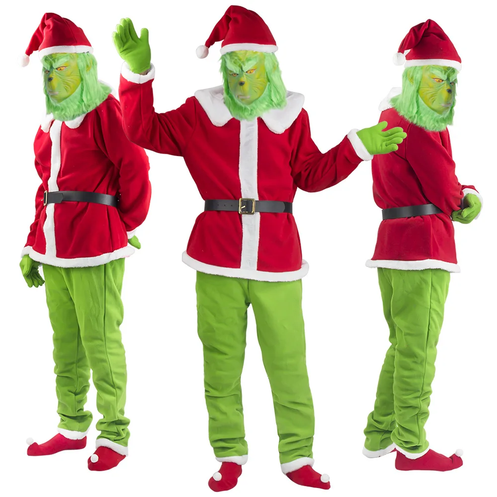 

Santa Claus Costume Set Christmas Party Prom Adult Role Playing Green Monster Shaggy Halloween Cosplay Suit Gloves Mask