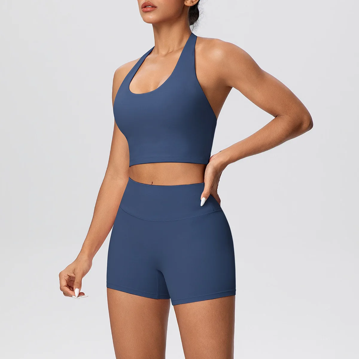 MIML Pure Color Double-Sided Brushed Yoga Sportswear Set Tight Neck Short Two-Piece Suit for Running Fitness Workout