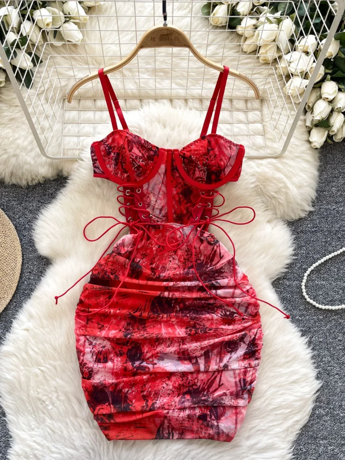 

American Sexy Suspender Tube Dress Women's Summer Hollow Pleated Strap Pure Desire Street Girl Hip Wrap Short Dresses