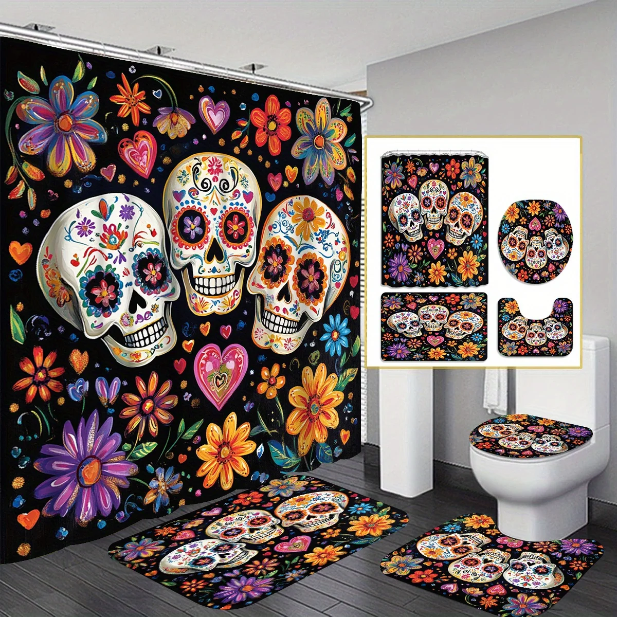 4pcs Mexican Sugar Skull Bathroom Set - Day of the Dead Shower Curtain, Toilet Cover & Mats, Floral Heart Decor, Vibrant Gift