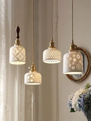 Elegant Nordic Ceramic Pendant Ceiling Lights Fixtures E27 Brass Socket Modern Hanging Lamp with Hollowed-Out Flower