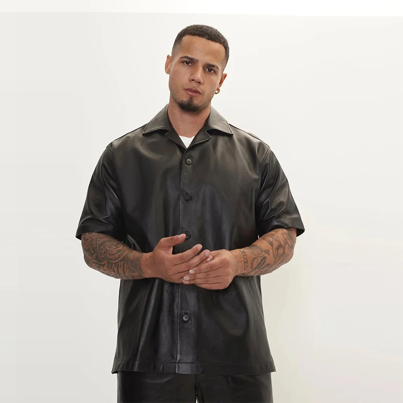 Men\'s Black Matte Faux Leather Turn-down Collar Shirt Coat Male Chic Casual Short Sleeve PU Top Overcoat Nightclub Party Custom