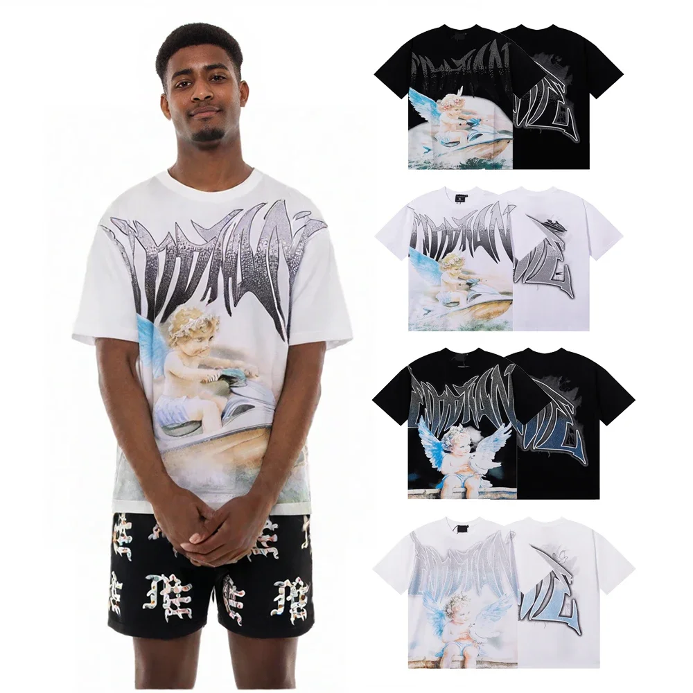 

Y2K Men's Clothing Rhinestones Printed Graphic Street Style Casual Cotton Short Sleeve Tee Oversized T-shirt Streetwear Clothing