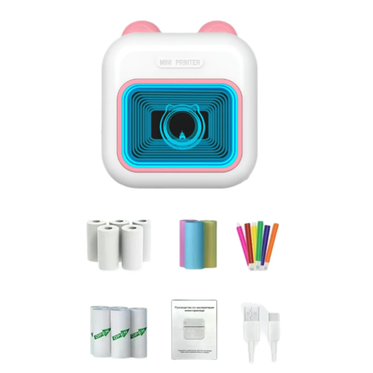 2025 New Mini Sticker Printer RGB Light Bluetooth Pocket Inkless Thermal Printer with 10 Rolls Thermal Paper and 5 Pen Fmo A