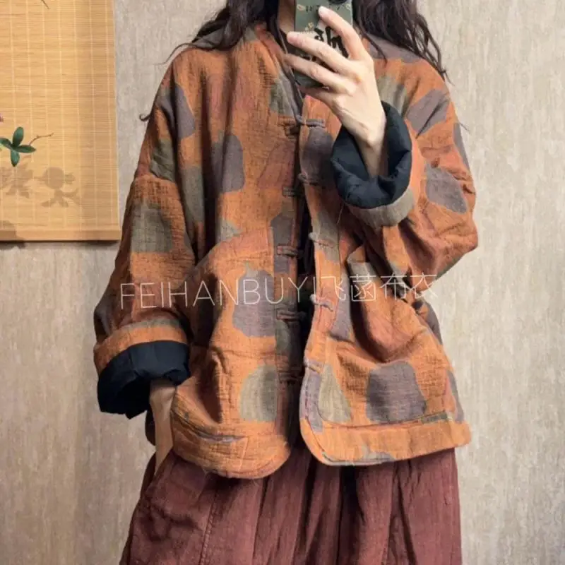 

Осень-зима, женские однобортные свободные куртки с длинным рукавом в горошек, хлопково-льняные толстые теплые винтажные пальто с v-образным вырезом