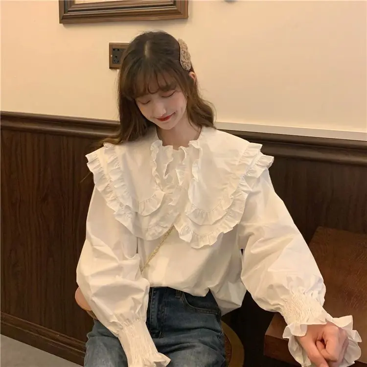 Sweet Fresh and Cute Ruffled Doll Collar Long Sleeve Shirt for Women
