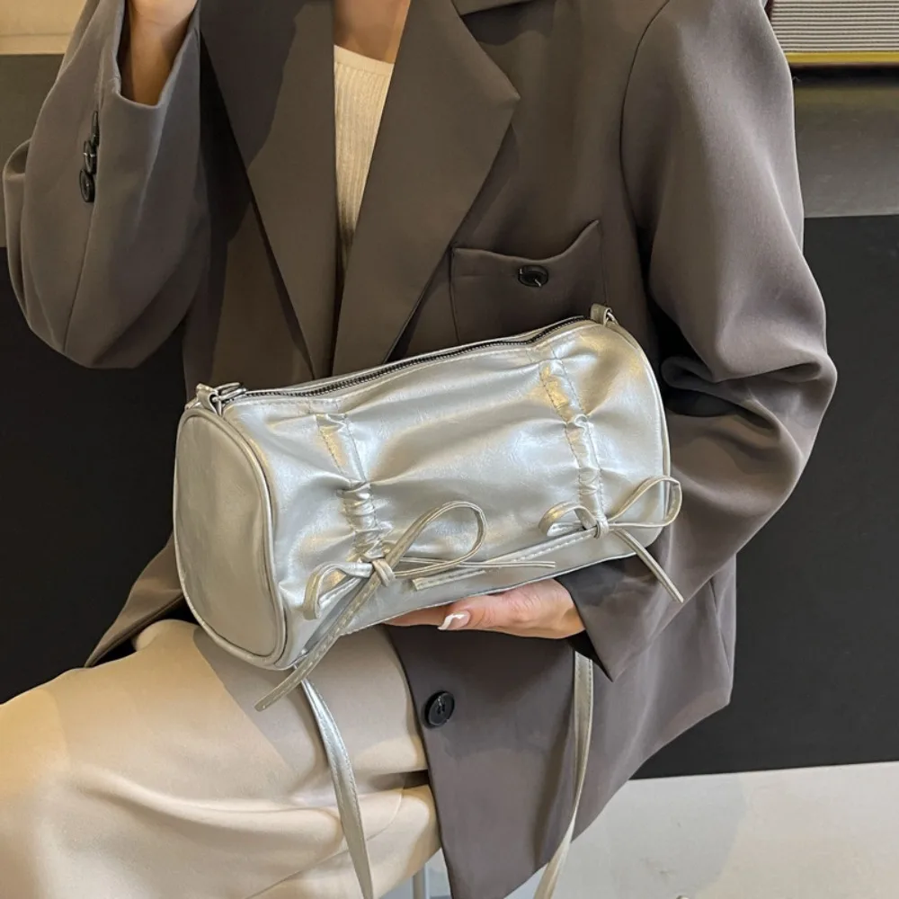 

Sweet Pleated Bow Handbag Korean Style Balletcore Bow Tie Shoulder Bag Shopping Bag Cylinder Bag PU Leather Underarm Bag Girls