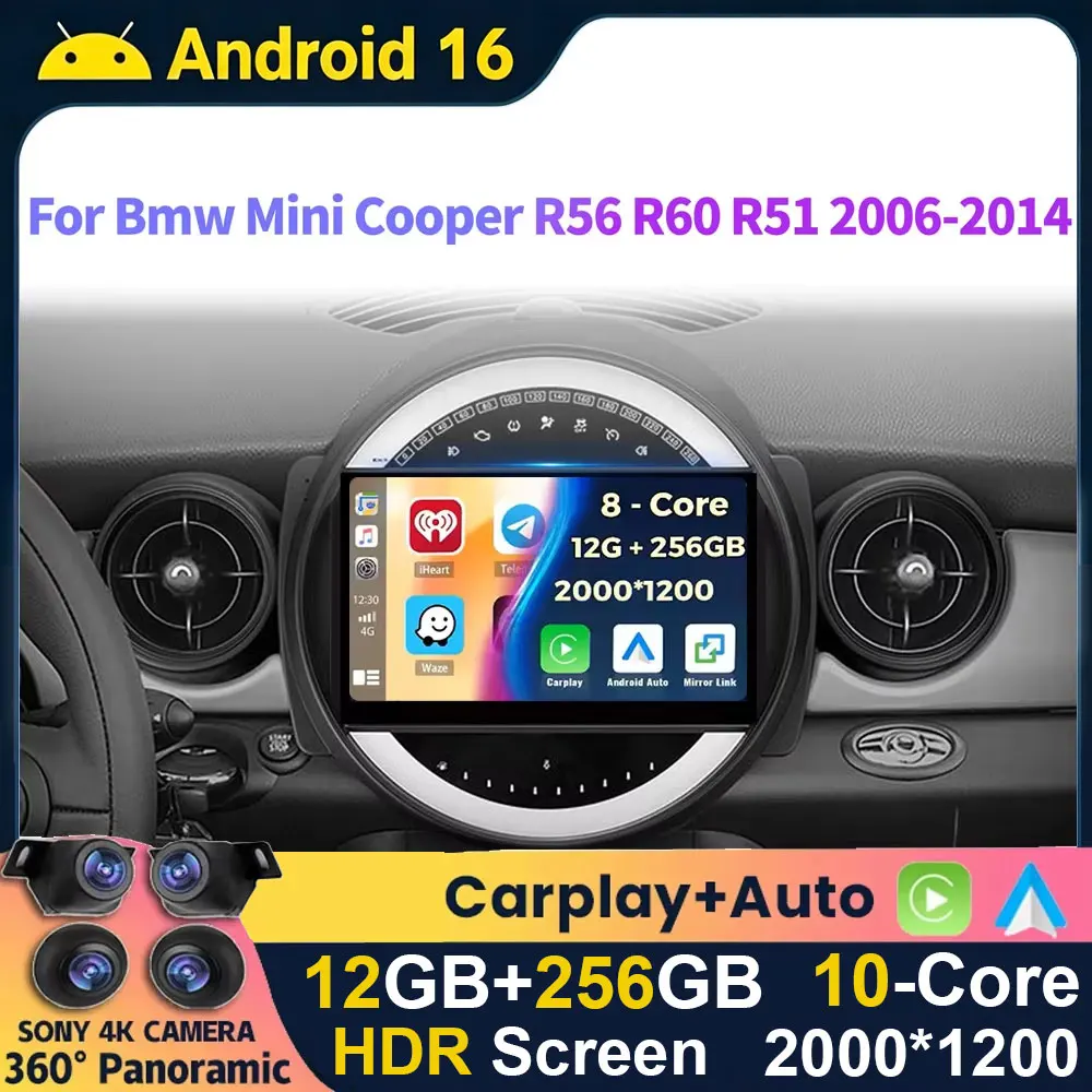 Android 16 Wireless CarPlay Auto for Bmw Mini Cooper R56 R60 R51 2006-2014 GPS Carplay Navigation Stereo Auto DSP BT DVD Player