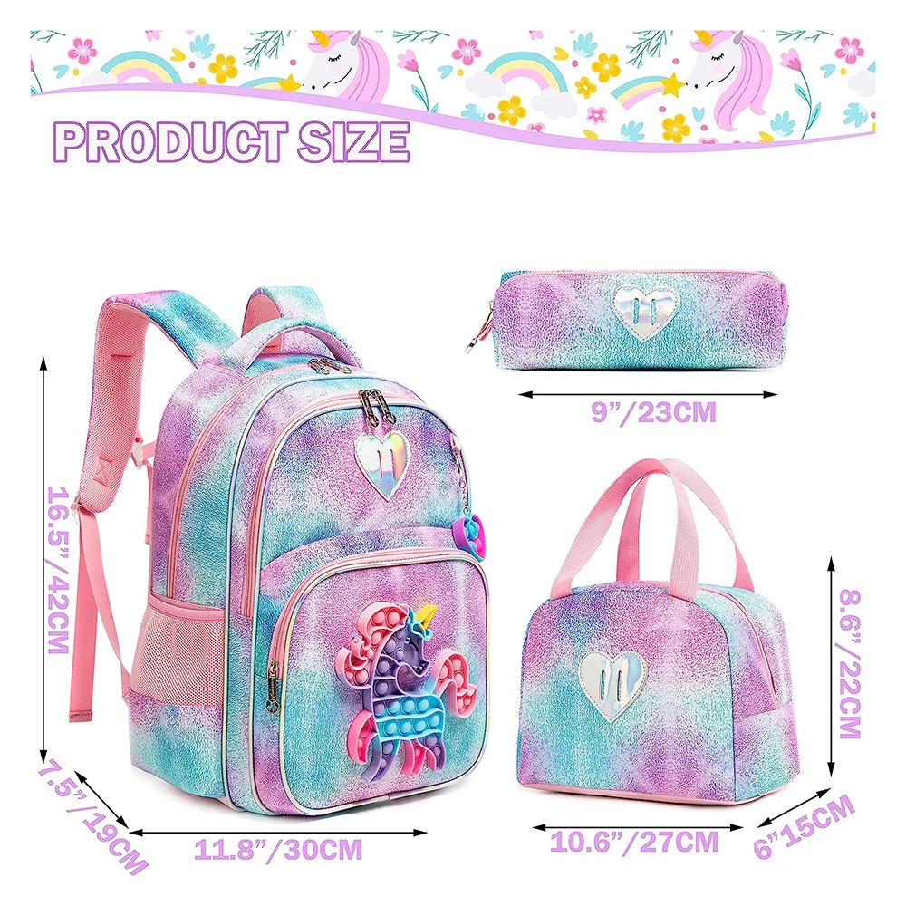 3pcs Kids Backpacks for Girls School Bag with Lunch Box Set Cute Bookbag for Primary School