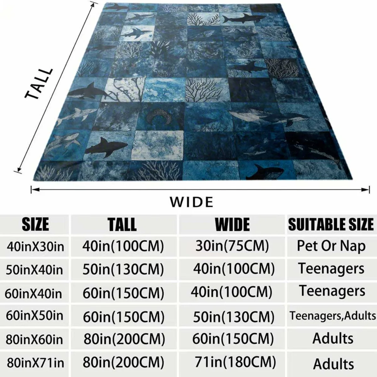 Blue Underwater World Shark Coral Grid Collage Art Pattern Flannel Blanket Indoor Outdoor Soft Timeless Warm Home Holiday Decor