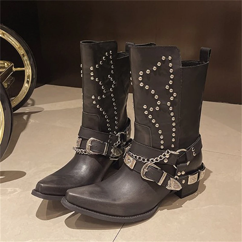 

Metal Chain Decoration Rivet Women Motorcycle Boots Hoof Heels Platform Cool Ladies Knight Boots Sexy Pointed Toe Botas Feminino