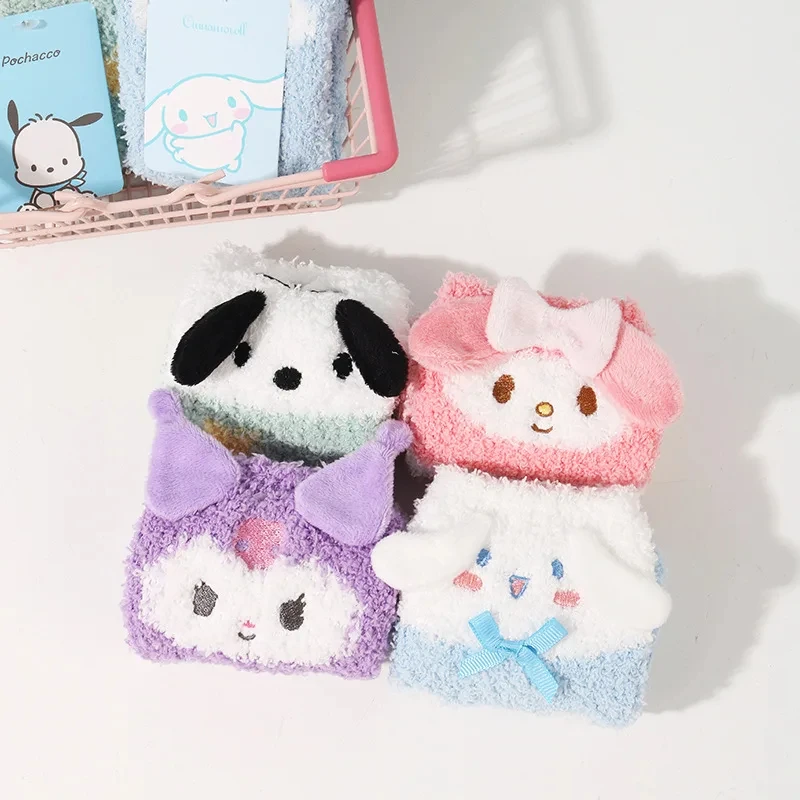 4Pcs/set Kawaii Sanrio Plush Sock Anime Kuromi Cinnamoroll MyMelody Autumn Winter Ins Soft Girl Floor Sox Holiday Cotton Socking