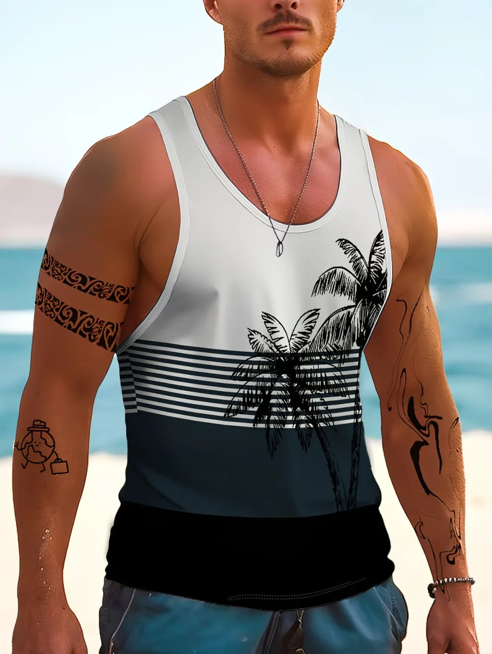 Colorful Gradient Tank Tops for Man 3D Print Coconut Tree Pattern Tees Summer Casual Vest Loose Vacation Sports Street Tank Top