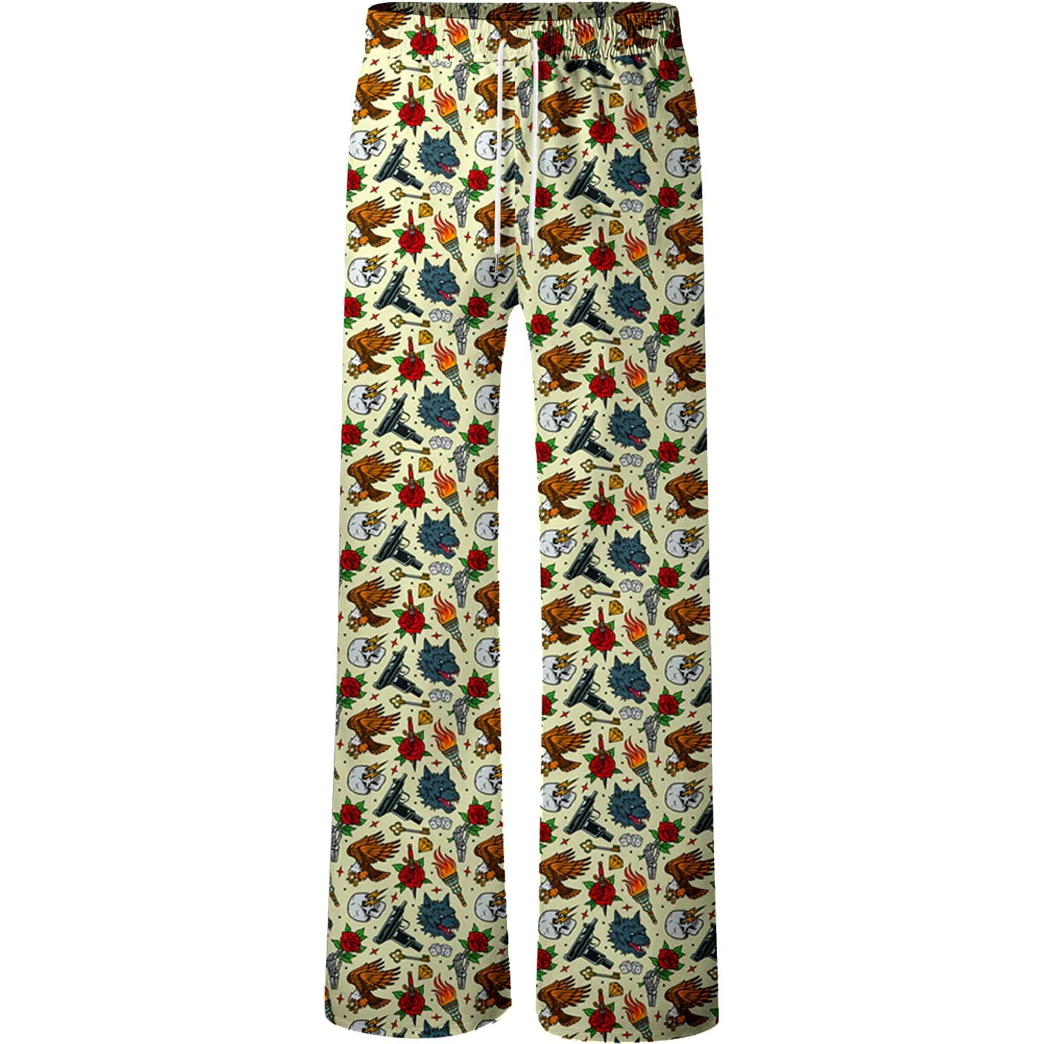 New retro tattoo pattern 3D digital printed men's loose wide leg pants, retro street quick drying non fading casual pants