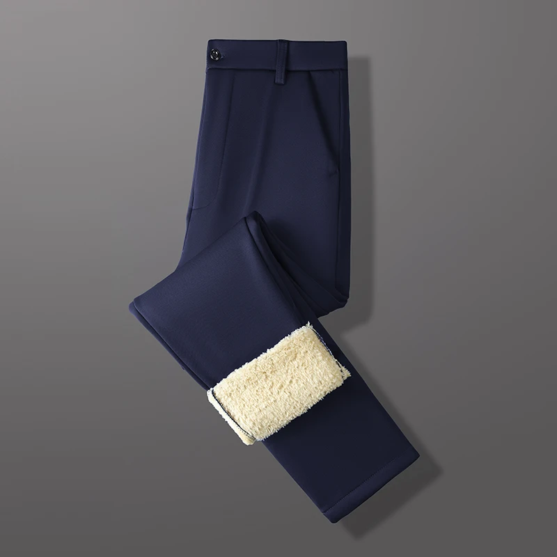 Herren Einfarbige Gerade Lange Winter-Anzughose Vollständig Lammfell-Futter Knitterfrei Thermisch Superwarm Kalte Jahreszeit Büro Formelle Hose – Detail 13