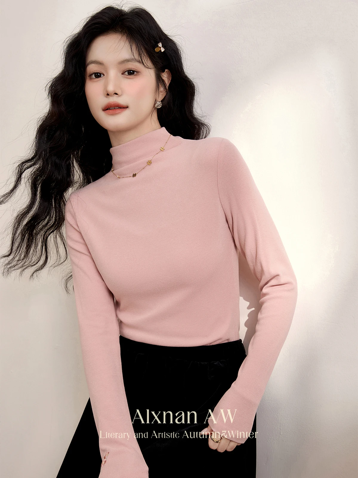 ALXNAN Women's Inner Knitted Pullovers Elegant Turtleneck Long Sleeve Flower Embroidery Cuff Sweater Fall Winter Jumper L51811SY