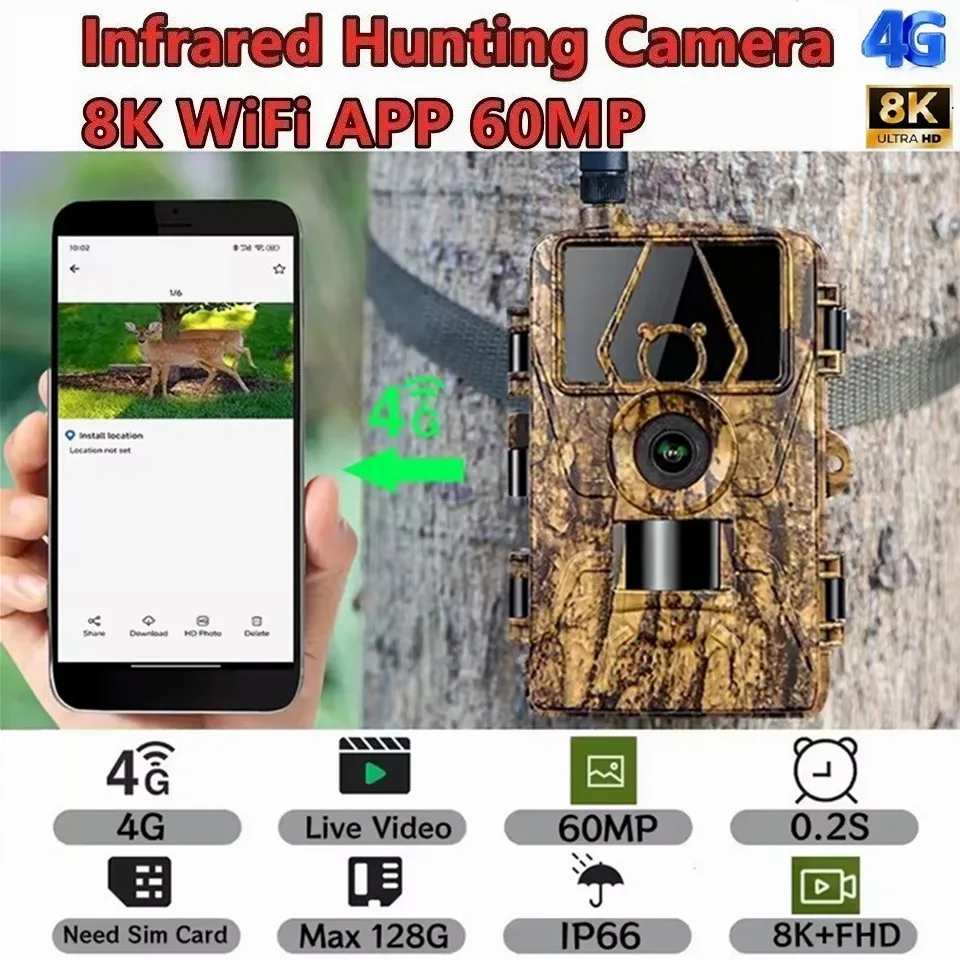 

4G Trail Camera 8K Video 60MP Images PIR120°15M-20M Super-Fast Reflex Trigger Wildlife Camera with APP Cloud Storage Infrared