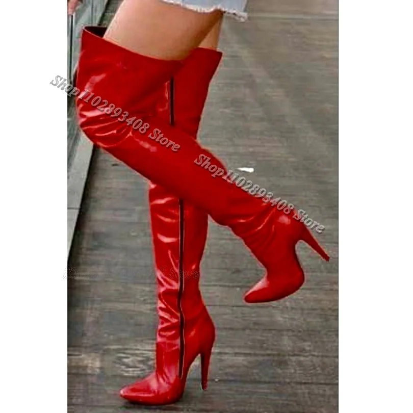 Red Soft Leather Over Knee Boots Pointed Toe Side Zipper Thin High Heels British Style Party Women Boots Zapatos Para Mujere