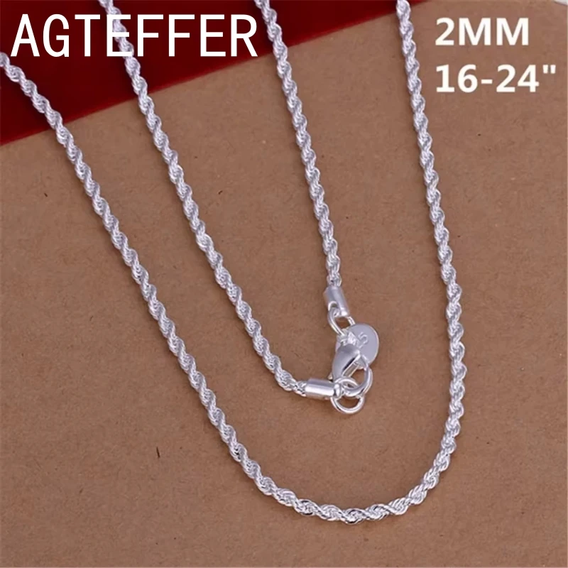 16-24INCHES 925 Sterling silver 2MM Rope Necklace Beautiful fashion Elegant for women men chain cute Can pendant