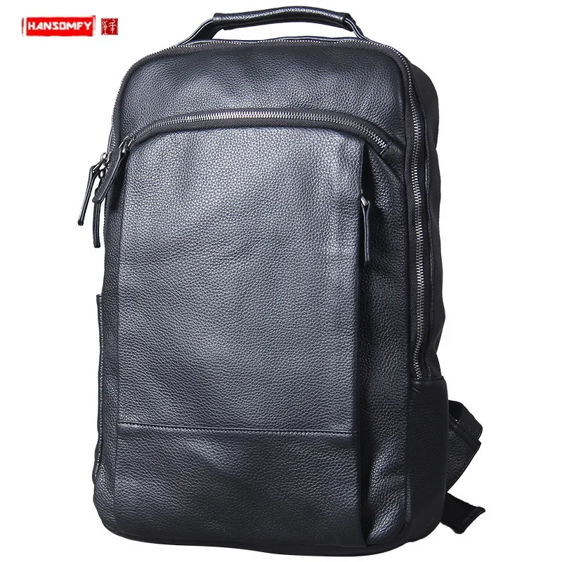 Luxury Male Laptop Bag Schoolbag Travel Backpack Computer Bag First Layer Leather Casual Soft Black Leather Backpack Men