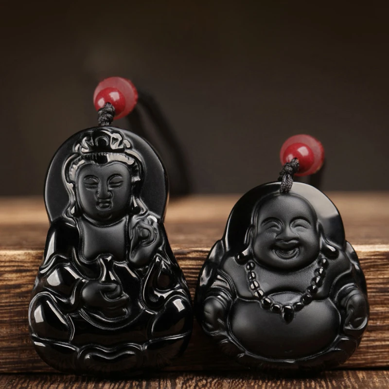 Natural Obsidian Maitreya Buddha Pendant Laughing Buddha Guanyin Pendant Men's and Women's Jade Necklace Charming Jewelry