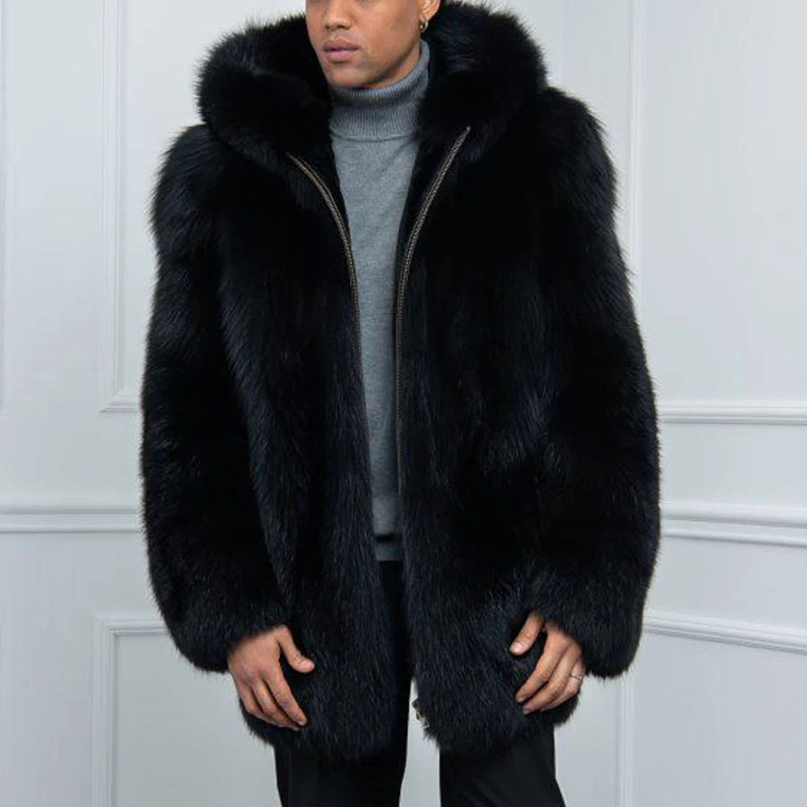 Real Fox Fur Coat Mens Full Skin Black Fox Fur Zippered Jackets Warm Natural Fox Fur Jacket With Hood Luxury Winter Men's Coat