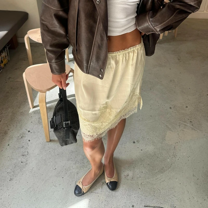 

Combhasaki Women y2k Vintage Floral Lace Trim Satin Patchwork Elastic Waist Silk Ruffle A Line Slip Mini Skirt Flowy Underskirts