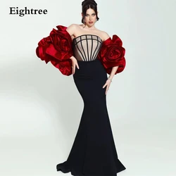 Eightree Sexy Black Strapless Evening Dress Red Flowers Cape Sleeves Formal Occasion Prom Dresses Arabic Party Evening Gowns