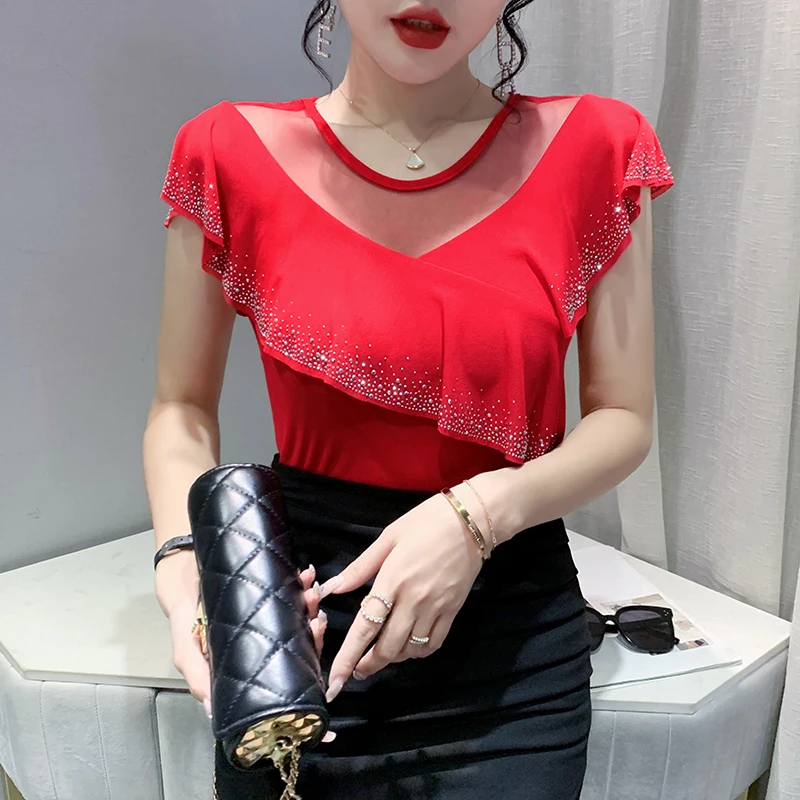 Summer Casual T-Shirt Chic Sexy O-Neck Hollow Out Mesh Ruffles Shiny Diamonds Women Tops Short Sleeve Hand Make Tees 9016