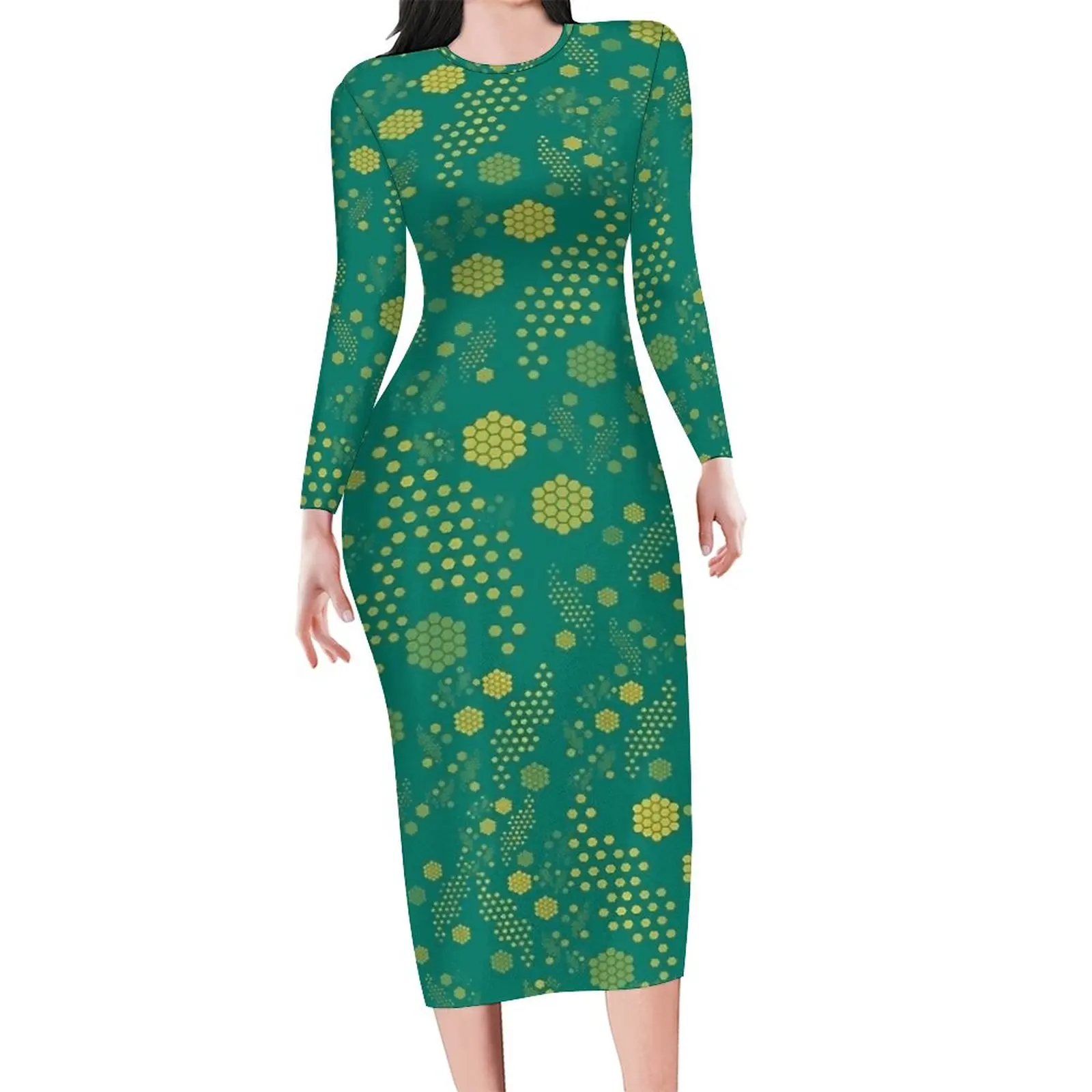 Green Hives Dress Long Sleeve Hexagons Design Kawaii Dresses Spring Female Street Style Graphic Bodycon Dress Large Size