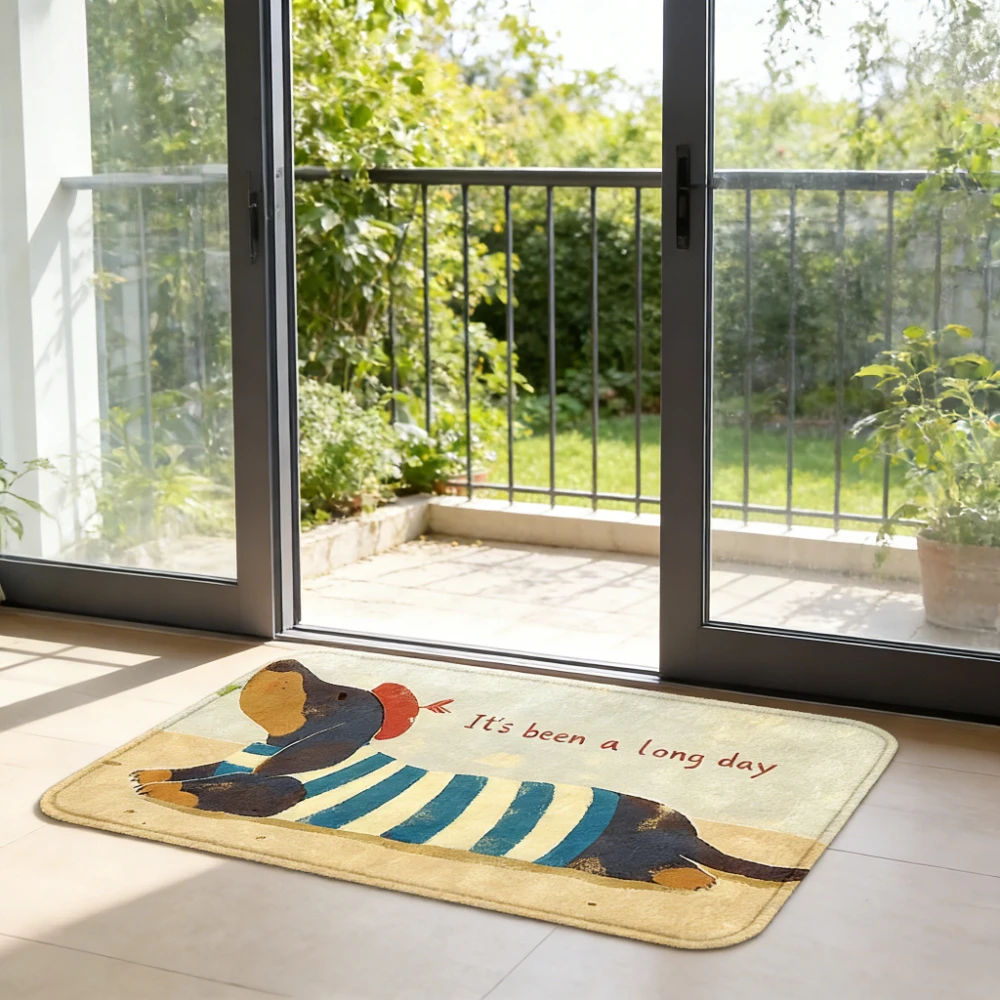 1pc 2D Flat Dachshund Striped Shirt Beret It's Been A Long Day Text Flannel Door Mat NonSlip Vintage Pet RugFor Entryway Kitchen