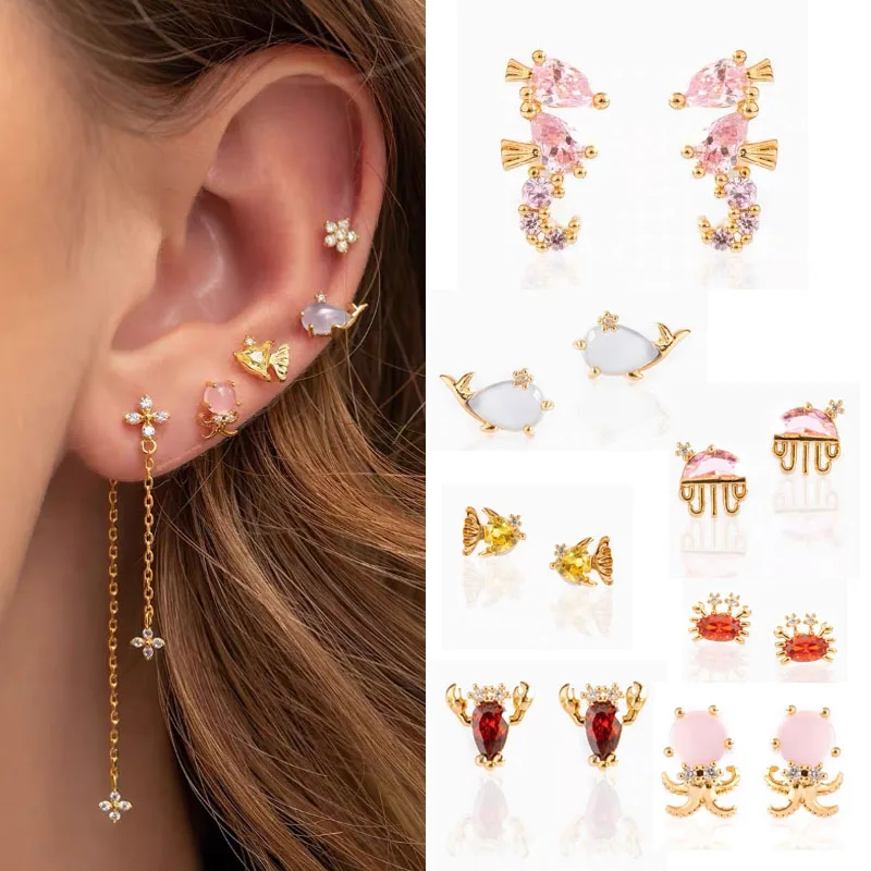 Pendientes de acero inoxidable de 20G para mujer, aretes de la serie Ocean de circonia cúbica para cartílago, joyería para Piercing en la espalda, con forma de pez, cangrejo, hélice y lóbulo, 1 unidad