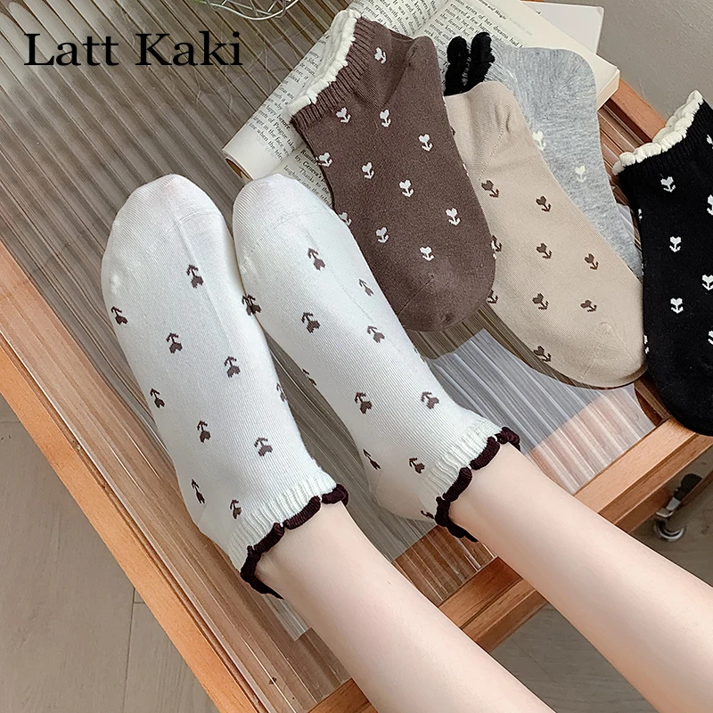 5 Pairs Flower Socks Women's Fashion New Retro Korean Style Cute Women Socks Casual Frilly Kawaii Ankle Socks Short Comfortable