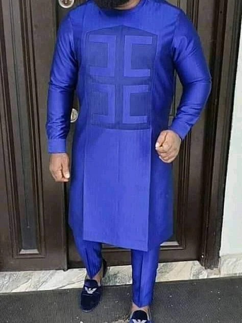

Men's fashion casual blue geometric print long sleeve two-piece set