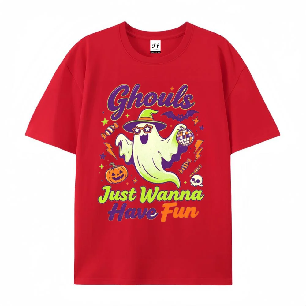 Women Halloween Ghouls Just Wanna Have Fun Ghost Pumpkin Graphic T Shirt Short Sleeve Casual Top Trendy Tee