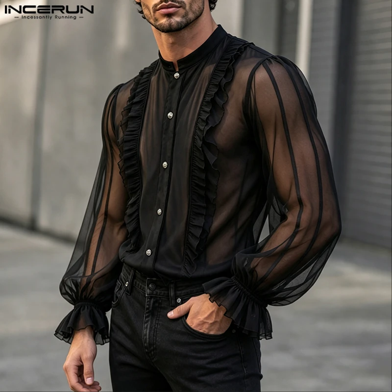 INCERUN Herrenhemd Einfarbig mit Kragen Langarm Rüschen Elegante Herrenbekleidung Streetwear Locker Sitzend Modische Freizeit-Oberteile für Männer