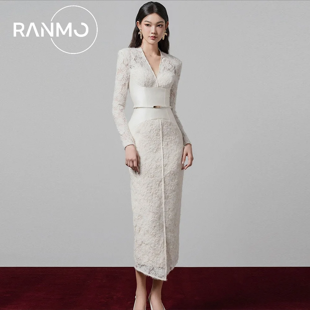 

Ranmo 2026 Fashion Women's Elegant Lace Dress Blet Niche Light Luxury Lace Patchwork V-neck Long Sleeve High Waist Dresses New