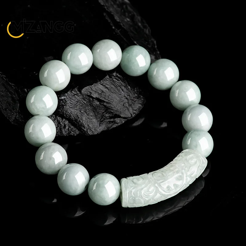 

Natural Burmese Grade A Jadeite Bracelet with “Fu” Character Pattern 13mm Curved Beads Unisex Ice-Type Jadeite Bead Strings Gift