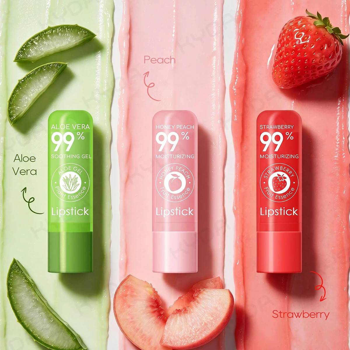3 Pack Color Changing Lip Balm, Aloe Vera, Peach and Strawberry Lipstick, Deep Hydrating Tinted Lip Balm Dry Cracked Lips Care