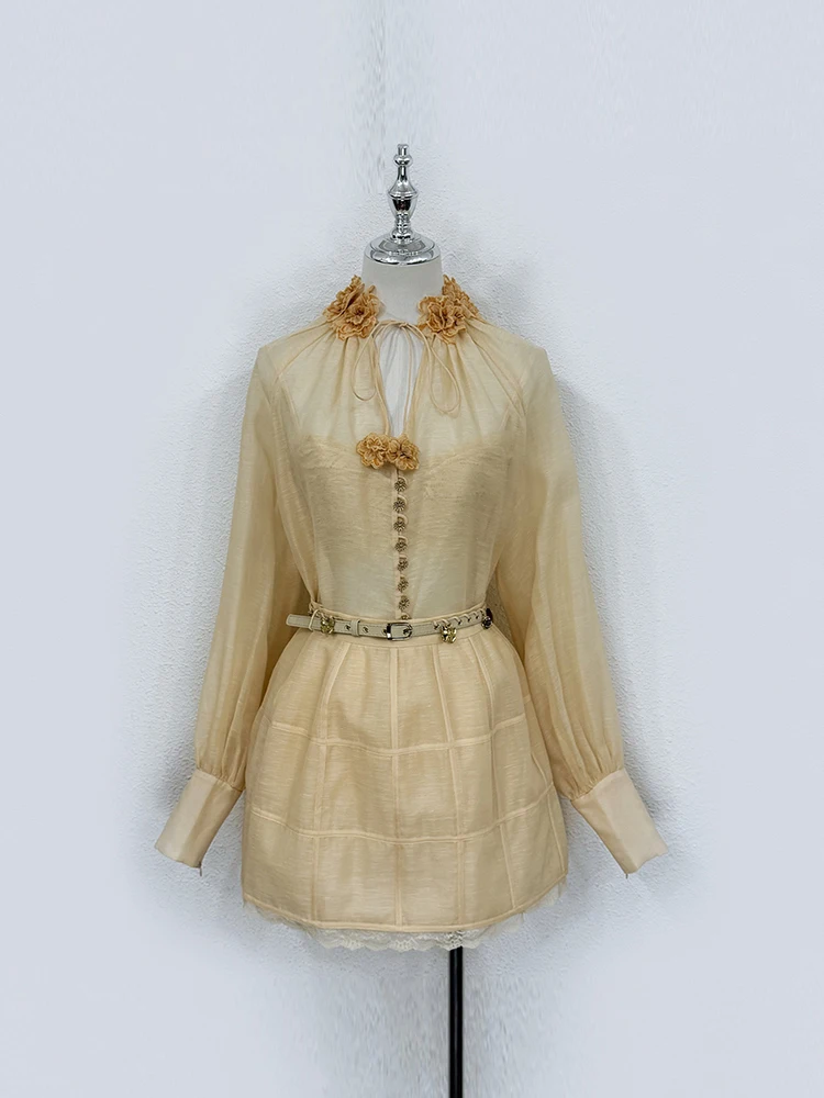 

Spring Summer Fashion Party Khaki Thin Style Mini Skirt Suit Women's Appliques Lantern Sleeve Shirt + Belt Slim Lace Hem Skirt