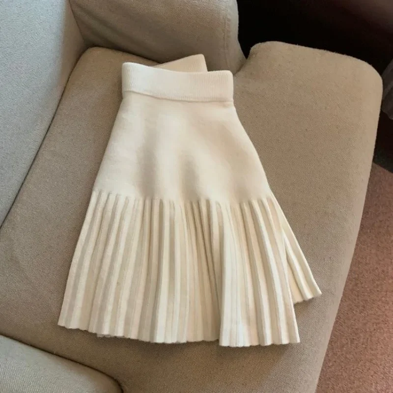 Khaki Knit Skirt Women\'s High Waist Pleated A-line Skirt Vintage Women Clothing