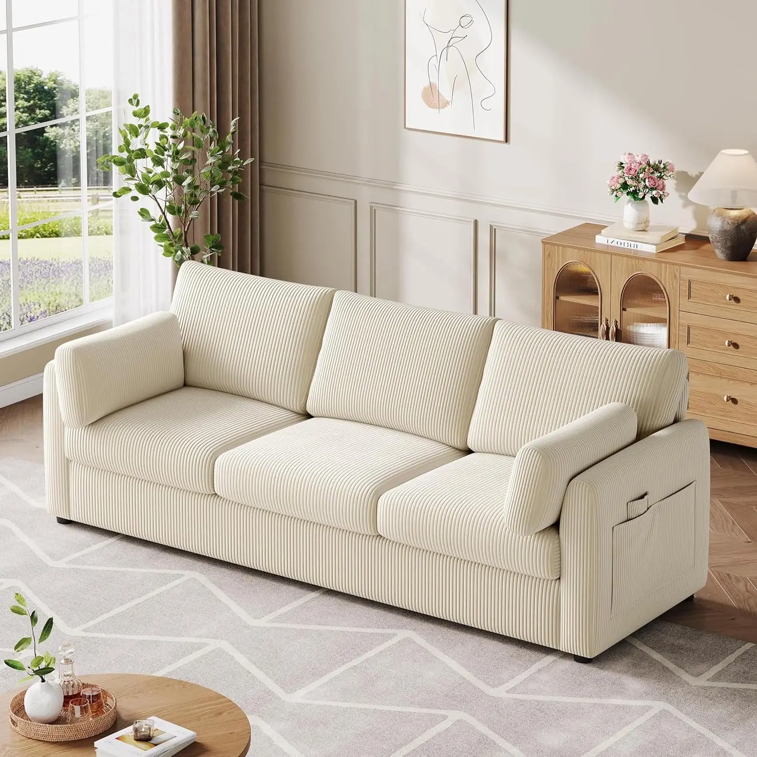 3 Seater Corduroy Sofa with Storage Pockets & 2 Pillows for Living Room Apartment Small Spaces Home Office 79