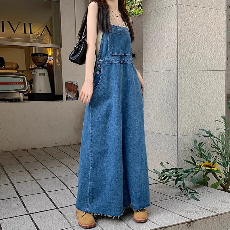 

Spring Autumn Slit Design Denim Dresses Loose Straight Halter Dress For Woman Solid Color All Match High Waist Suspender Dress