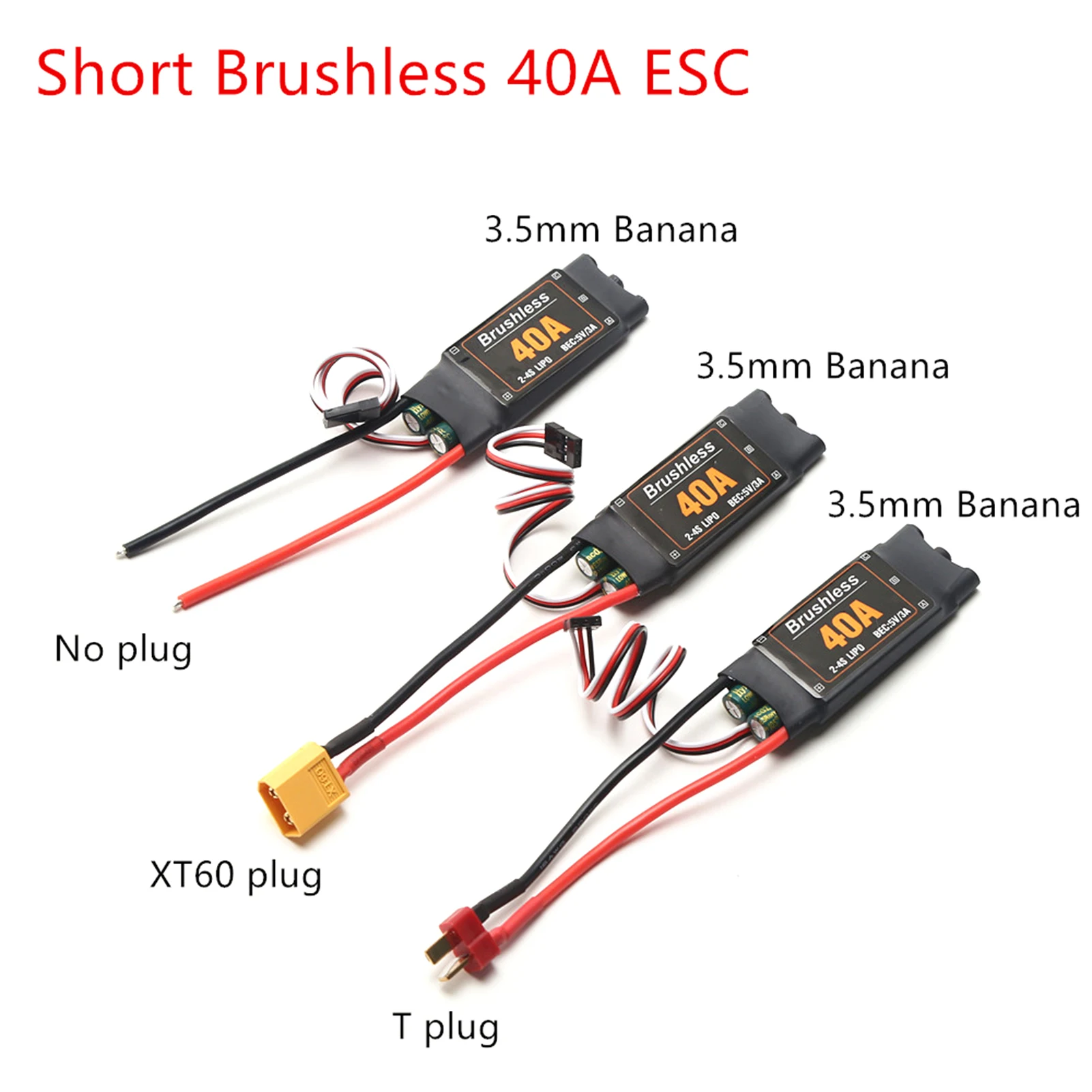 40A Brushless ESC 2-4S Electronic Speed Controller XT60 Plug with 5V 3A BEC 3.5MM Banana Head for Airplane Aircraft Helicopter