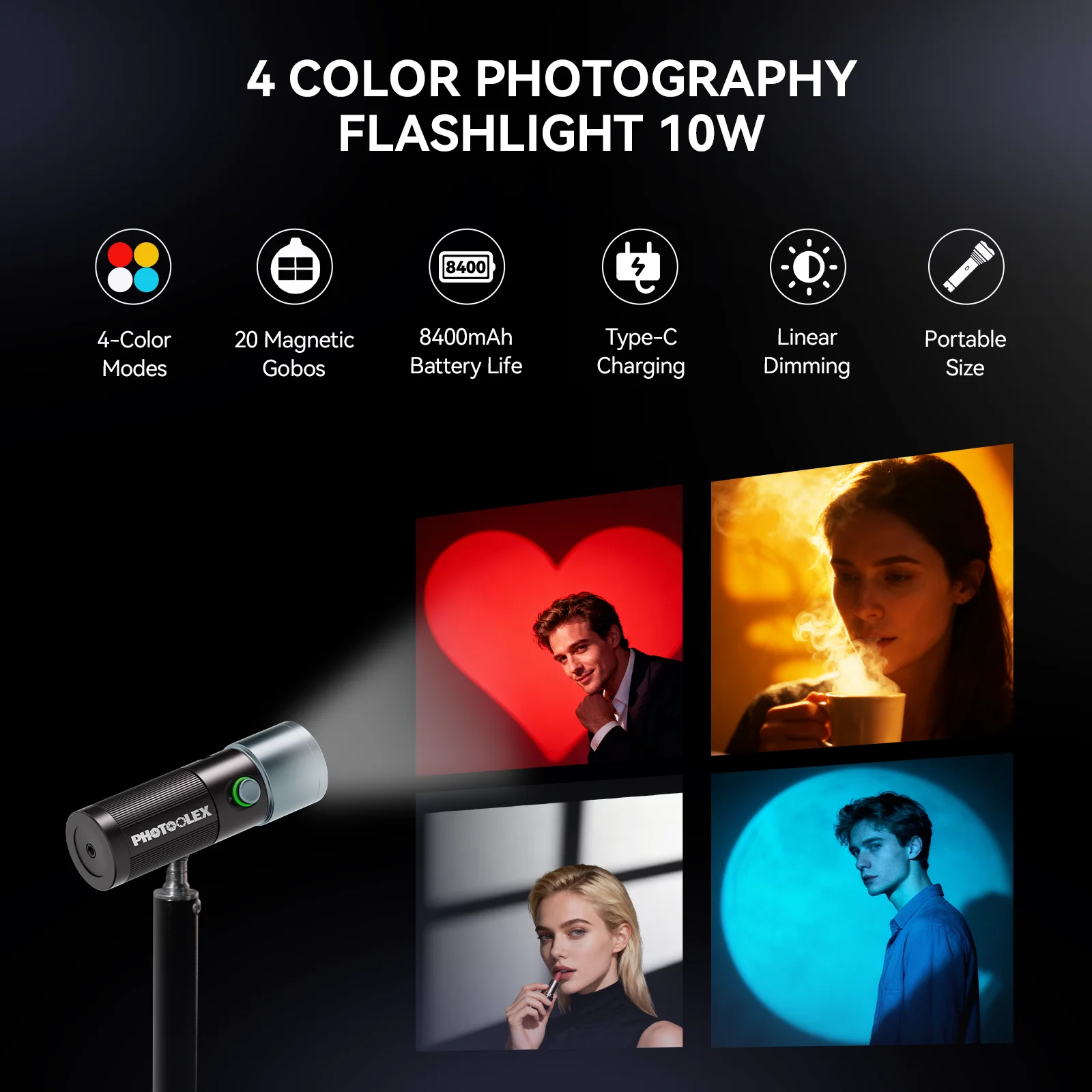 PHOTOOLEX 휴대용 포커스 사진 손전등(4가지 색상 포함) 20개 고보 필터 8400mAh 10W LED 비디오 라이브용 비디오 스포트라이트