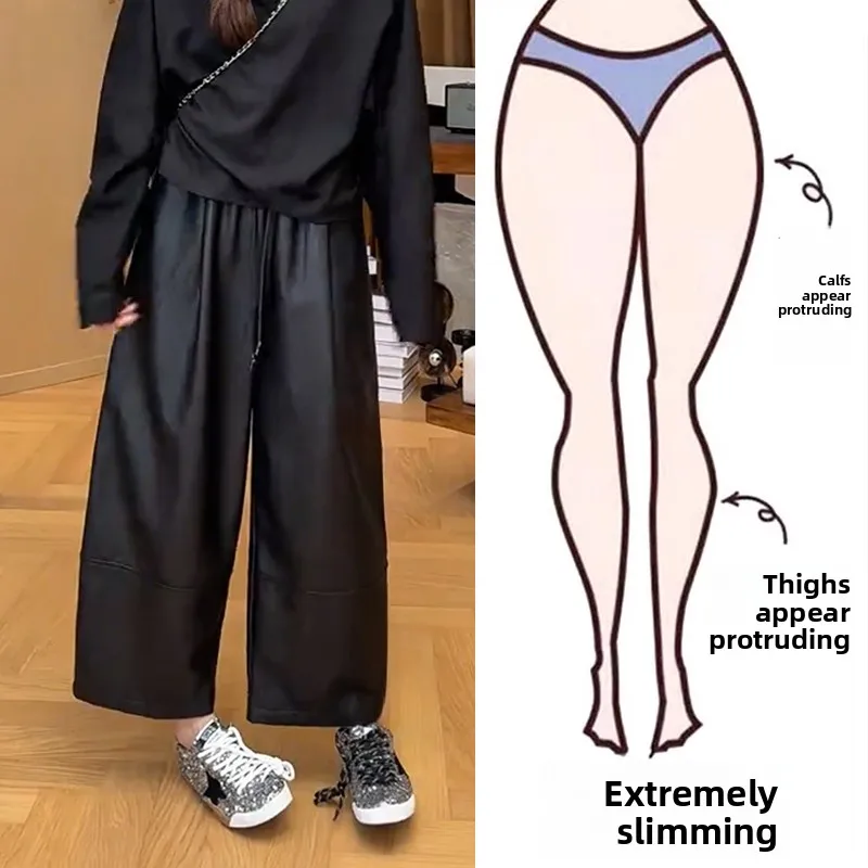 

Black Wide Leg Leather Pants Women's Casual Loose plus Size Conceal Meat Slimming Spring Autumn High Waist Comfortable Fashion