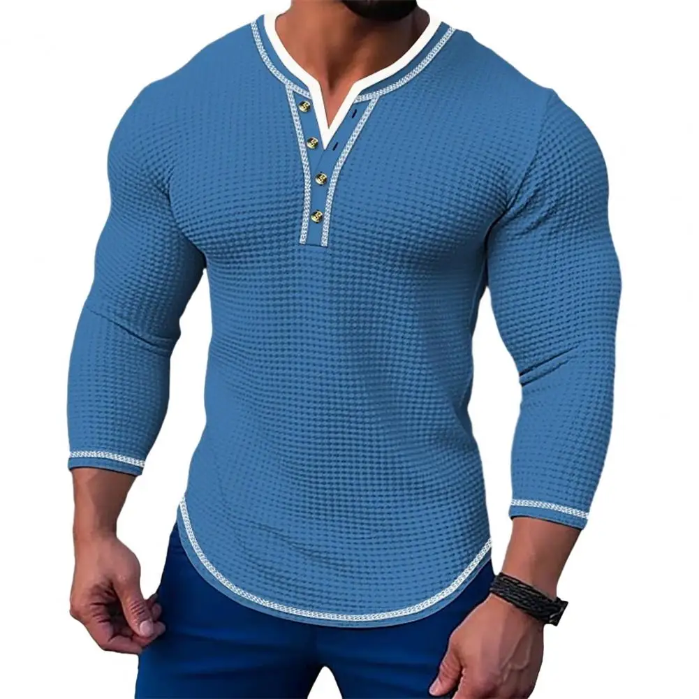 

Men Base Layer Top Stylish Men's Waffle Texture Long Sleeve Pullover Slim Fit Henry Collar Breathable Warm for Fall Spring Men