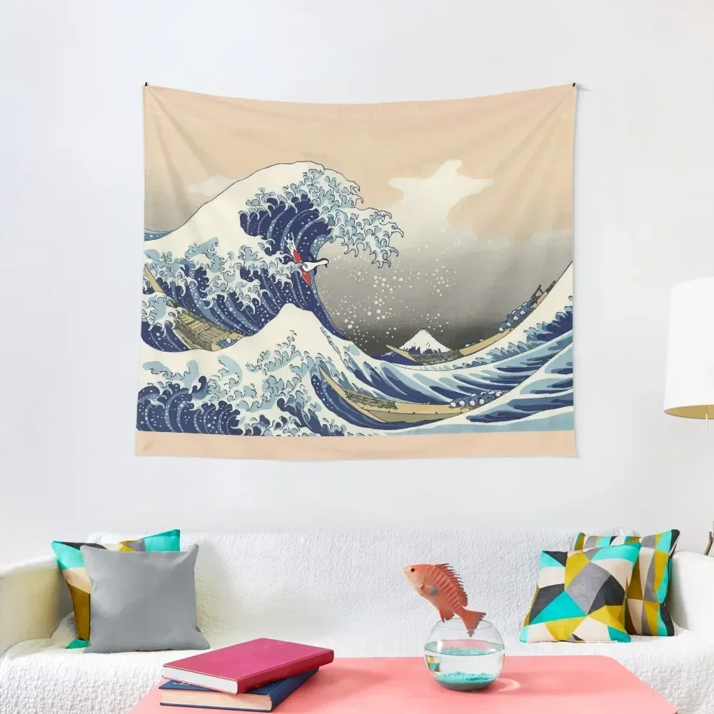 

Penguin Surfing the Great Wave Tapestry Decoration For Bedroom Carpet On The Wall Room Aesthetic Tapestry